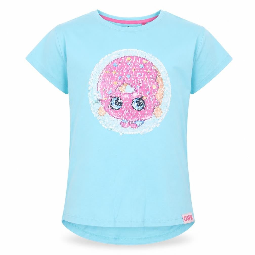 Front view of Shopkins girls’ blue cotton basic t-shirt, size 9, years crew neck pullover - sequins