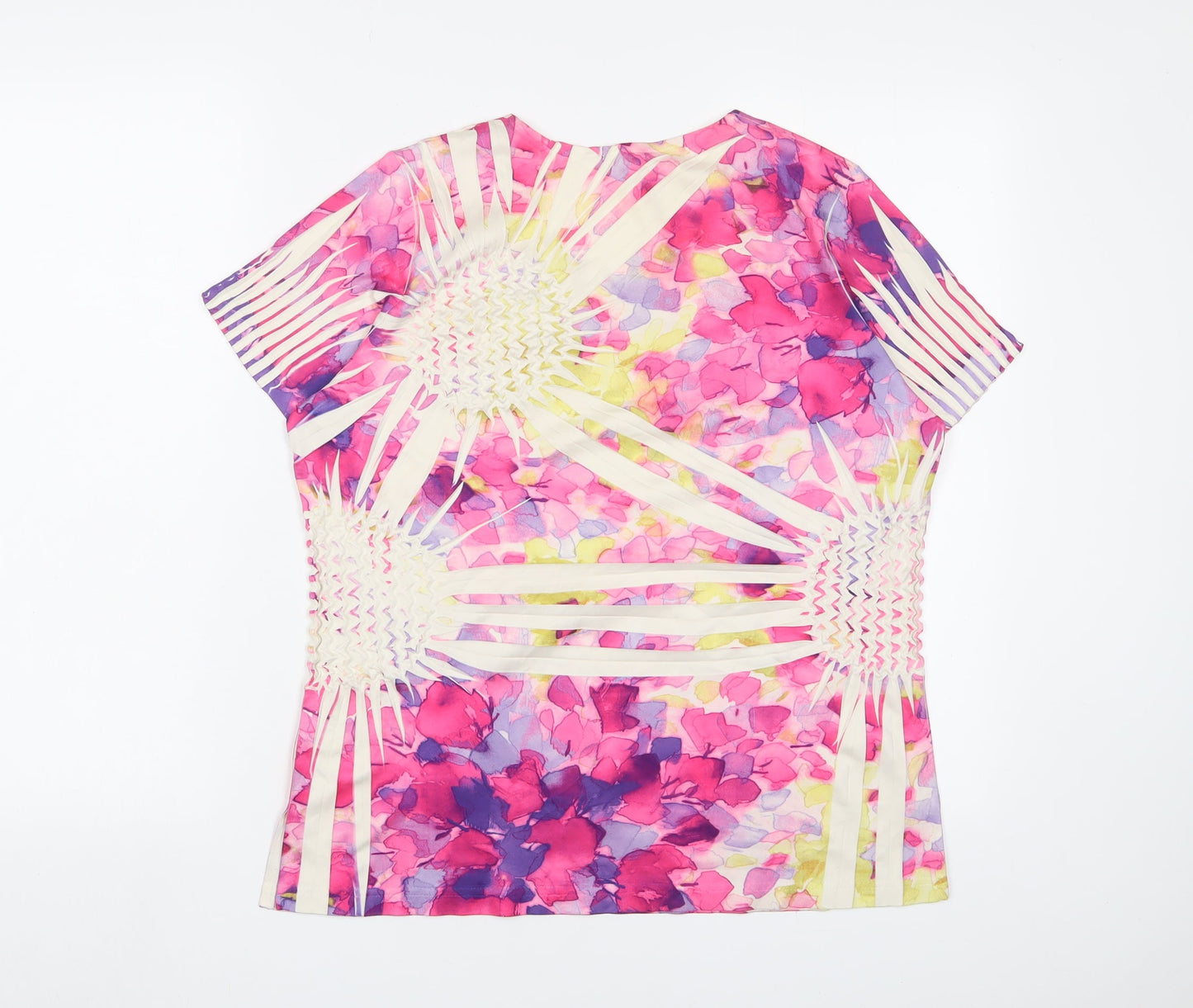 Sarah Hamilton Womens Pink Floral Polyester Basic T-Shirt Size M Crew Neck - Pleated