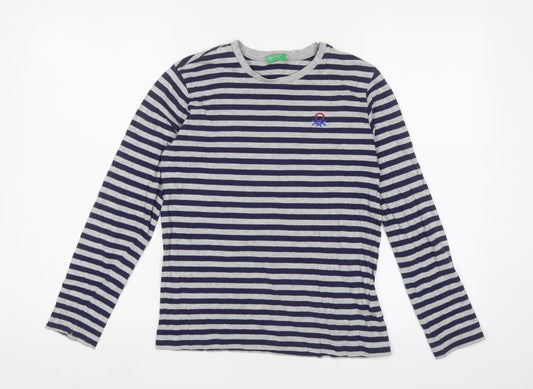 United Colors of Benetton Boys Gold Striped Cotton Basic Casual Size 11-12 Years Crew Neck Pullover - Logo, Embroidered