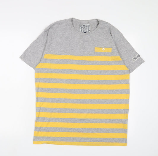 Tokyo Tigers Womens Grey Striped Cotton Basic T-Shirt Size L Crew Neck - Embroidered