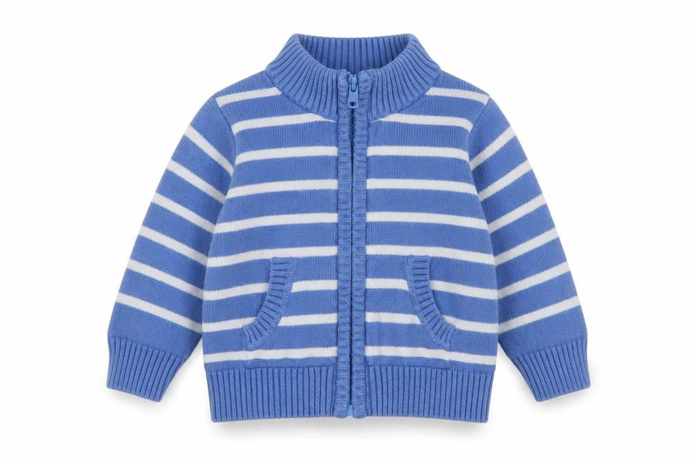 Front view of Mothercare boys’ blue jacket, size 6-9, months zip