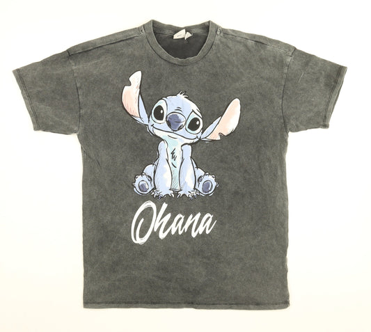 Disney Womens Black Cotton Basic T-Shirt Size 2XS Round Neck - Lilo & Stitch, Ohana