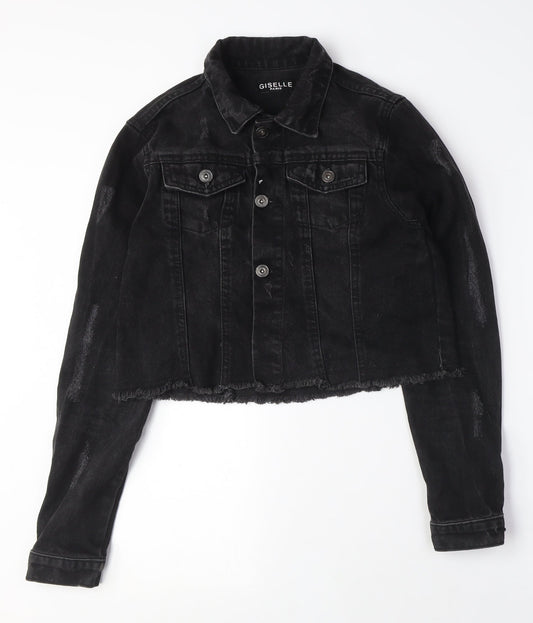 Giselle Womens Black Jacket Size 10 Button - Distressed, Black Denim Jacket