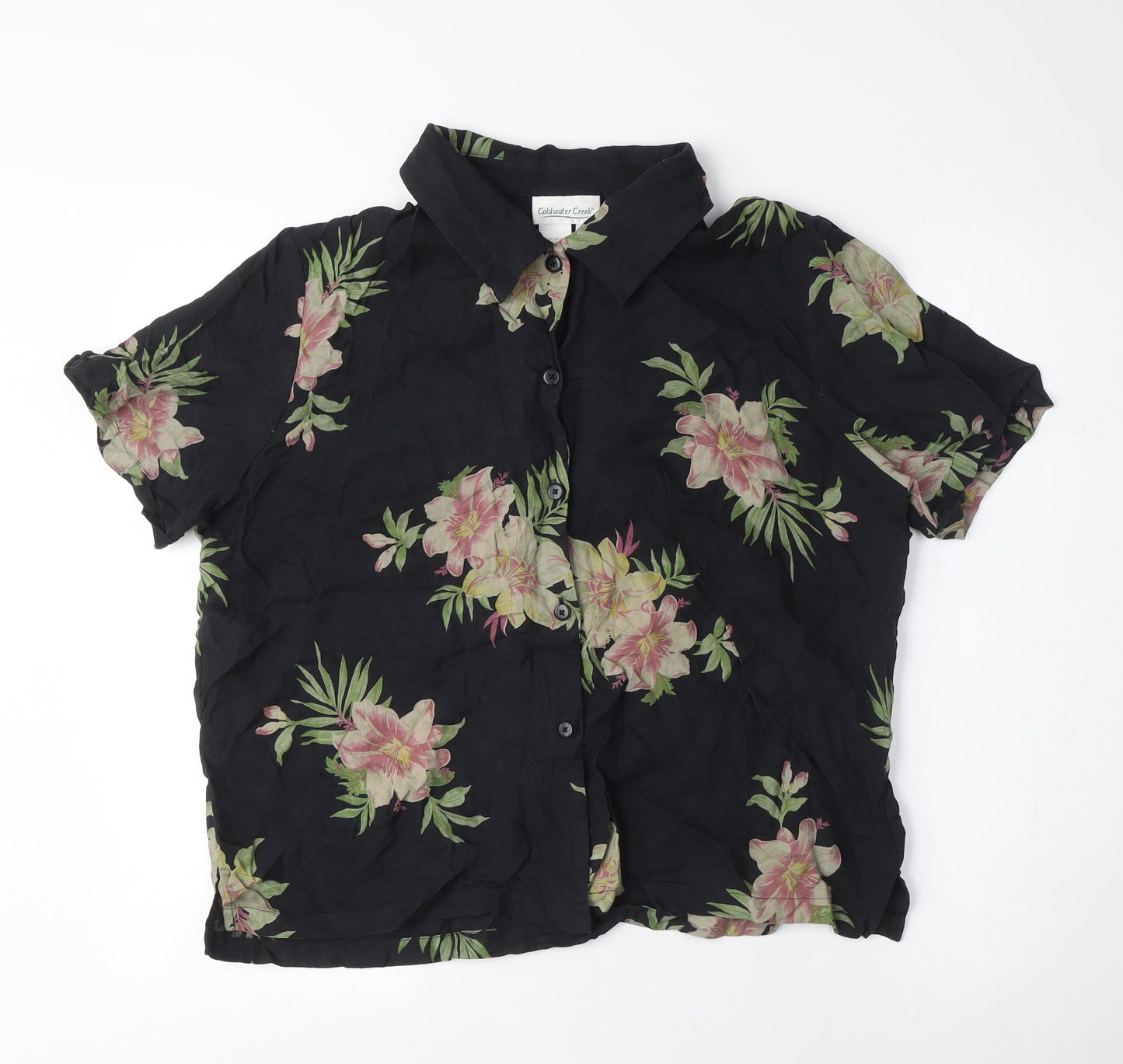Coldwater Creek Mens Black Floral Silk Button-Up Size L Collared Button