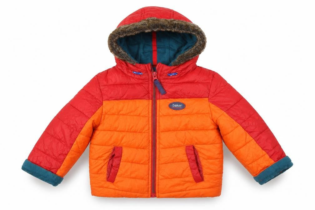 Front view of Baker Baby Orange Puffer Jacket Coat, size 18-24, Months Zip - Fur Lined Hood, Fleece lined