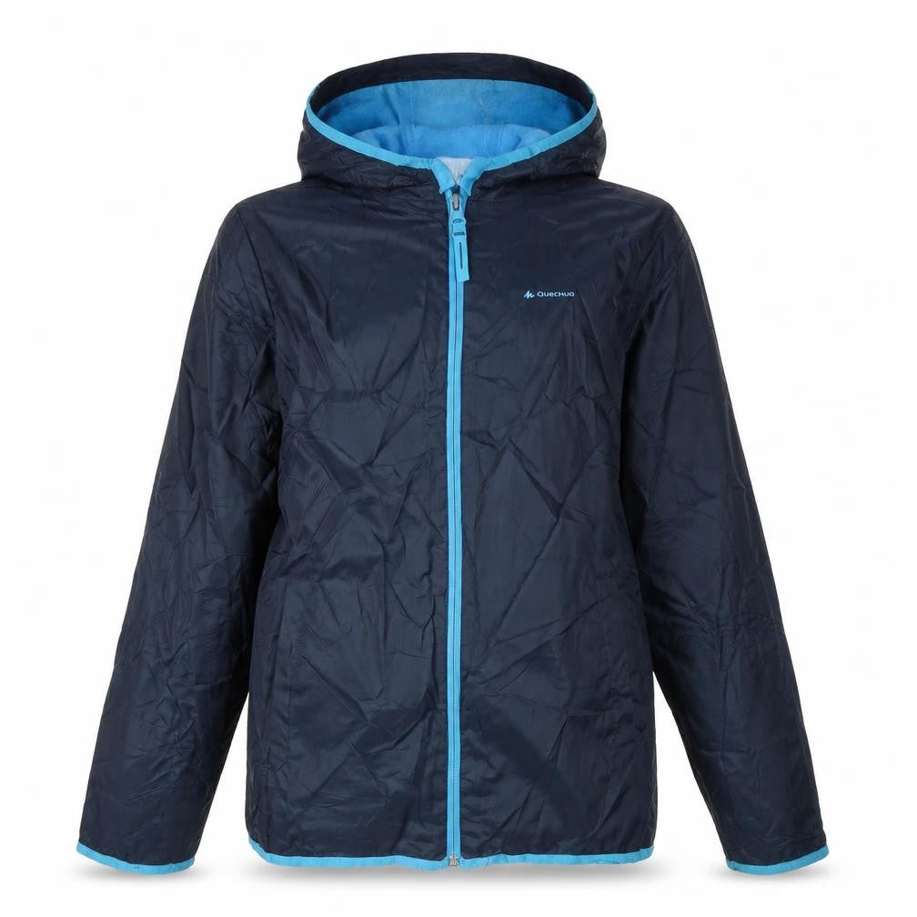 Front view of Quechua boys’ black anorak coat, size 12, years zip