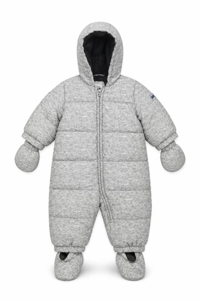 Front view of Gap Baby Grey Puffer Jacket Snowsuit, size 9-12, Months Zip - With Mittens & Shoes