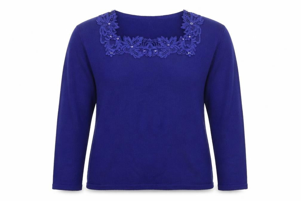 Bonmarché Womens Blue Round Neck Acrylic Pullover Jumper Size M - Lace Detail