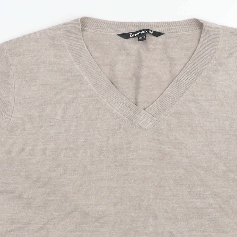 Bonmarché Womens Beige V-Neck Acrylic Pullover Jumper Size 16 - Size 16-18