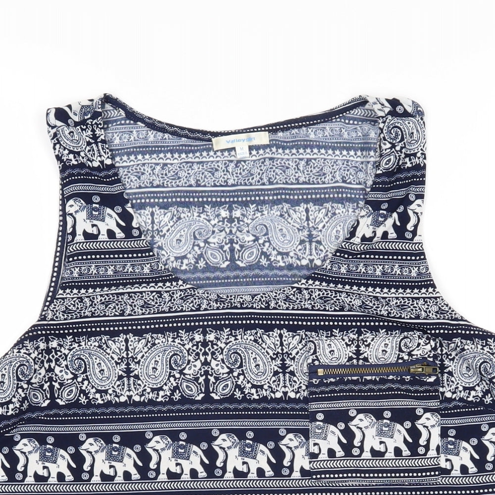 ValleyGirl Womens Blue Geometric Polyester Basic T-Shirt Size M Scoop Neck - Elephants