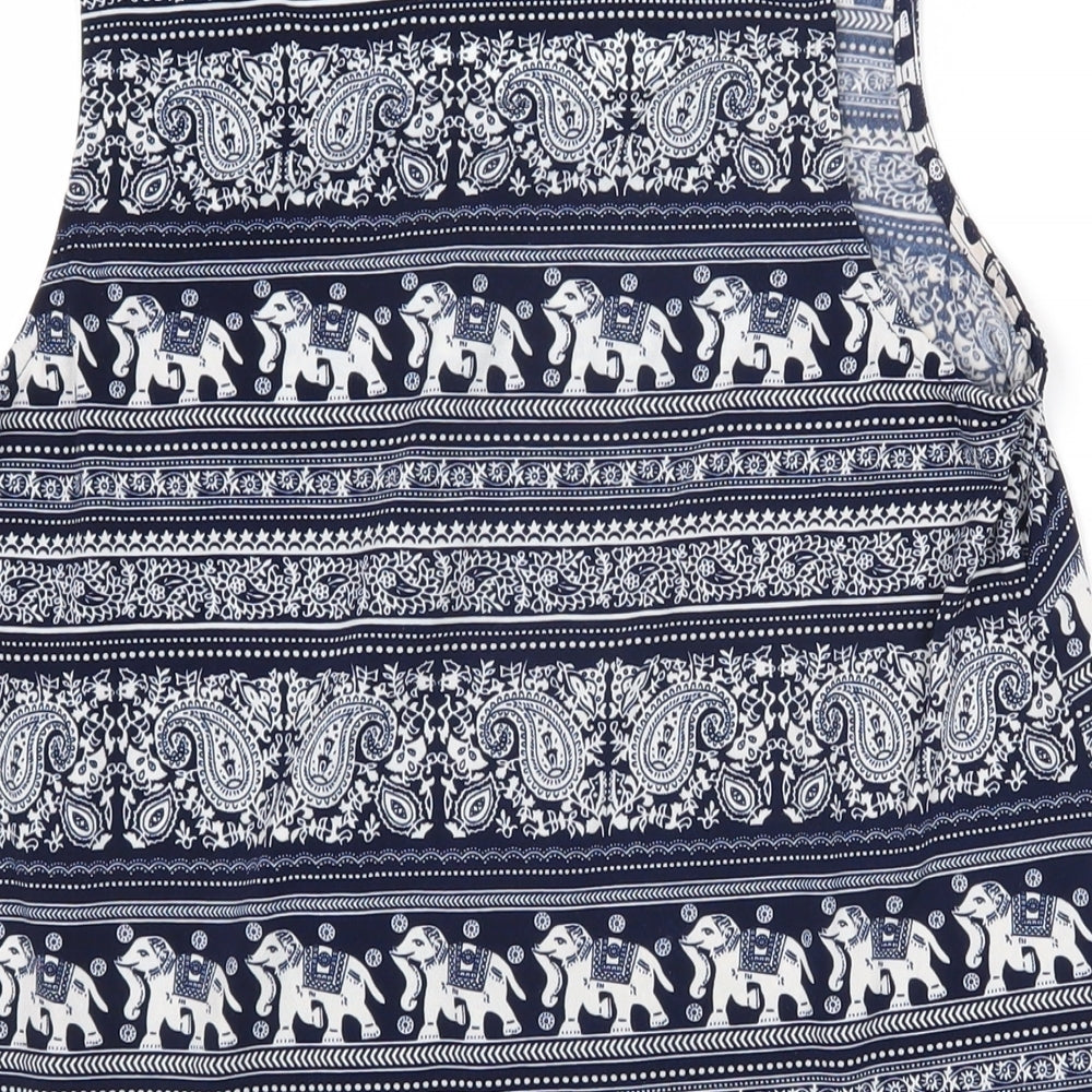 ValleyGirl Womens Blue Geometric Polyester Basic T-Shirt Size M Scoop Neck - Elephants
