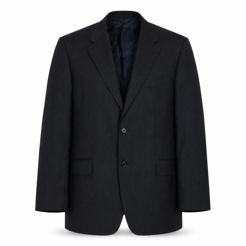 Front view of Autograph men’s black striped polyester jacket suit jacket, size 44, regular