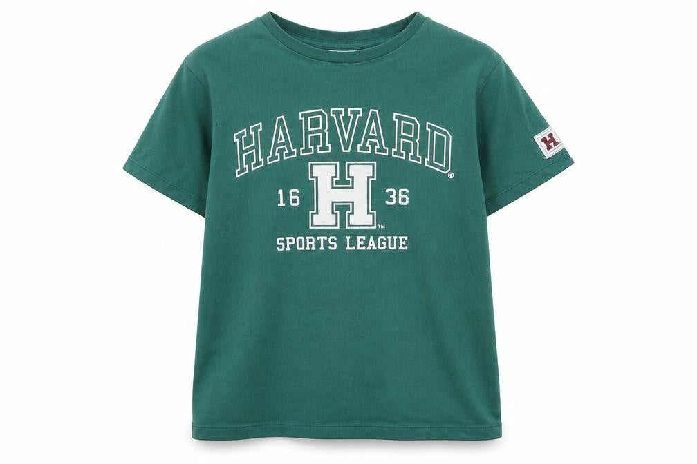 Harvard Boys Green Cotton Basic T-Shirt Size 9-10 Years Crew Neck - Logo - Harvard