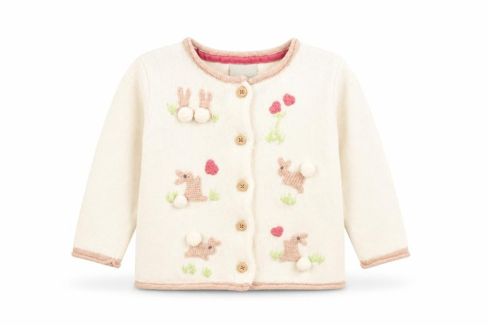 Front view of Tahari girls’ white geometric cotton cardigan jumper, size 6-9, months button - bunny embroidery