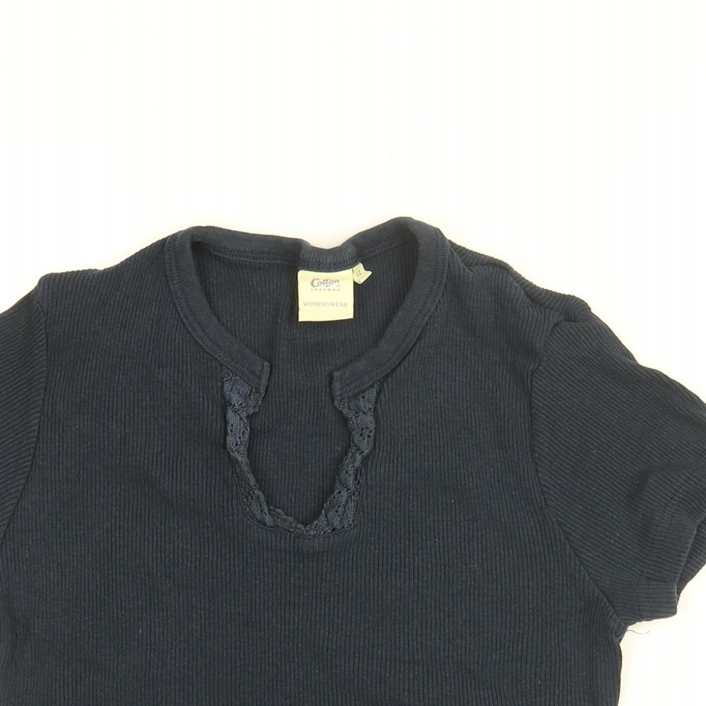 Cotton Traders Womens Blue Cotton Basic T-Shirt Size 12 V-Neck