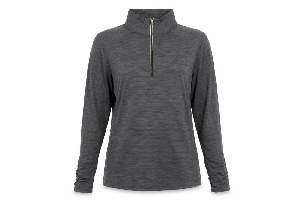 Front view of Kirkland women’s grey polyester basic t-shirt, size L, high neck