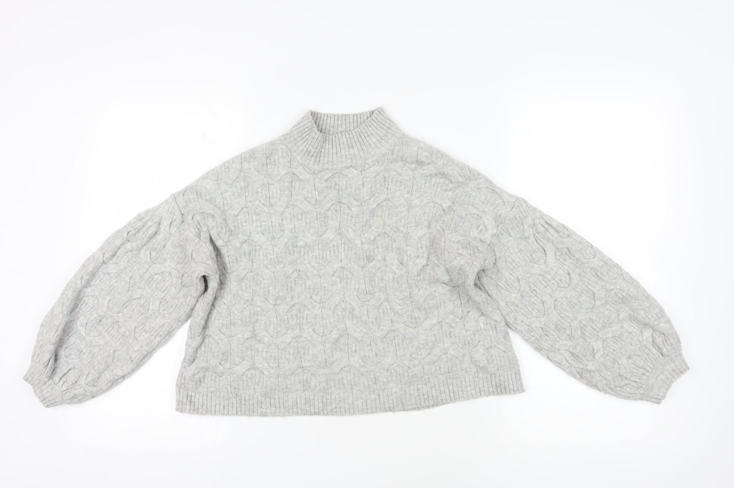 ASOS Grey High Neck Cable-Knit Balloon Sleeve Jumper