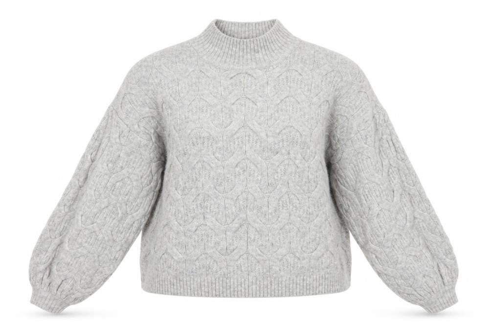 Front view of ASOS Grey High Neck Cable-Knit Balloon Sleeve Jumper