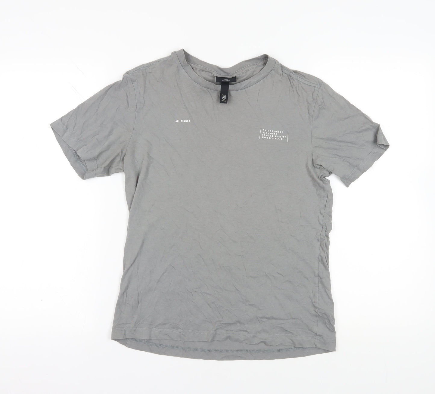 H&M Grey Cotton T-Shirt XS Regular Fit Crew Neck