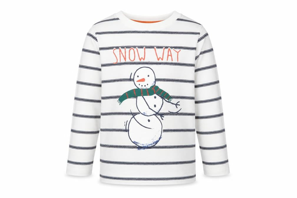 Front view of Marks & Spencer girls’ white striped snowman t-shirt 4-5y