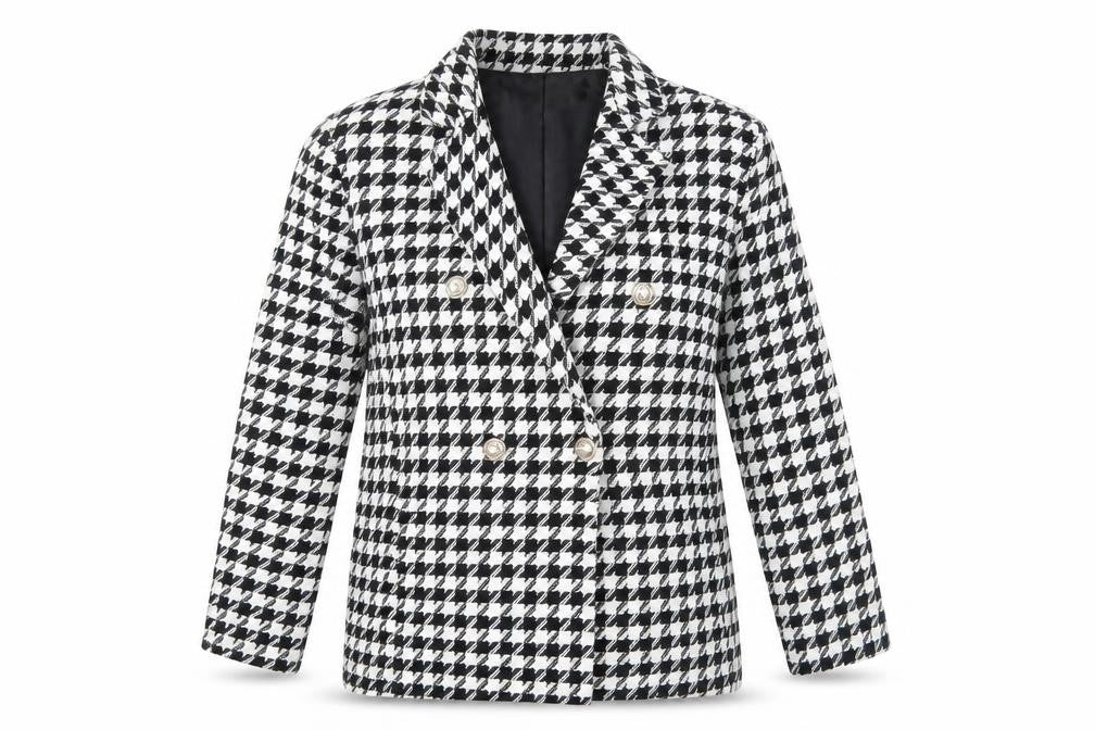 Front view of Boohoo Black White Houndstooth Blazer, size 8, Classic Style