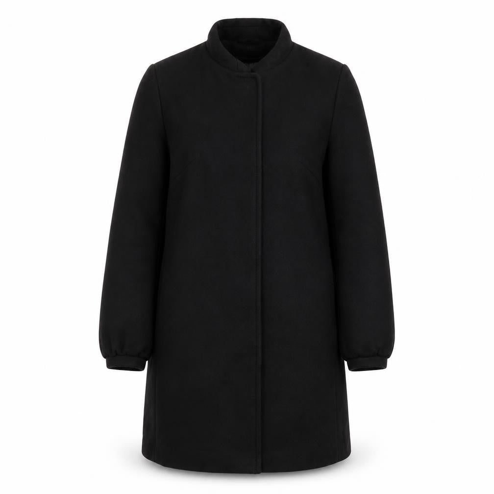 Front view of French Connection women’s black overcoat coat, size UK 8, snap