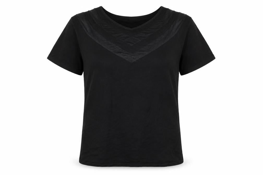 Front view of ASOS women’s black viscose basic t-shirt, size UK 14, v-neck