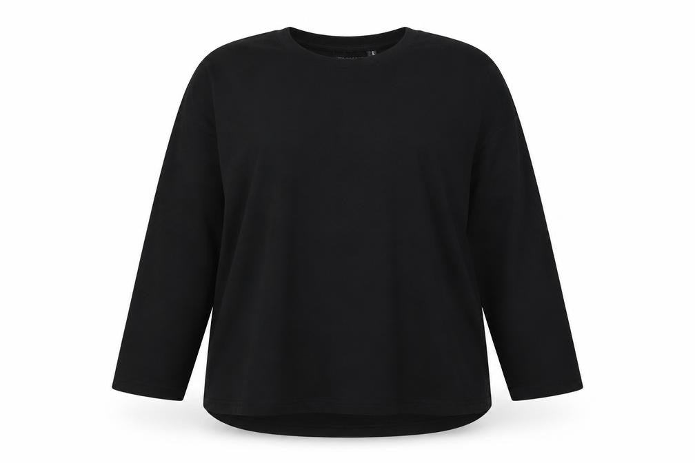 Front view of ASOS women’s black polyester basic t-shirt, size UK 10, round neck - side slits