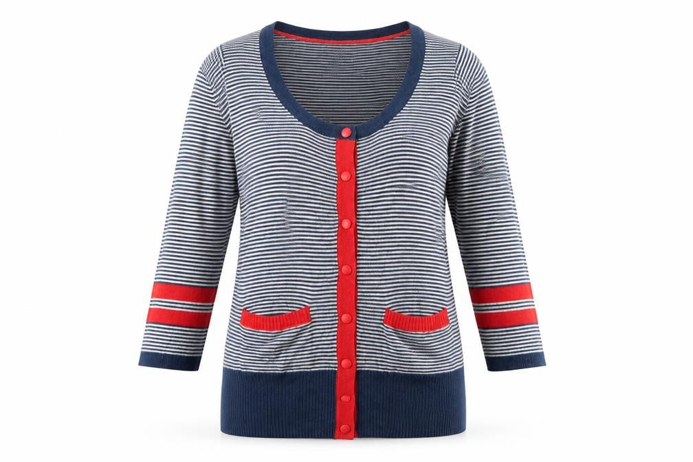 ICHI Womens Blue Scoop Neck Striped Acrylic Cardigan Jumper Size M
