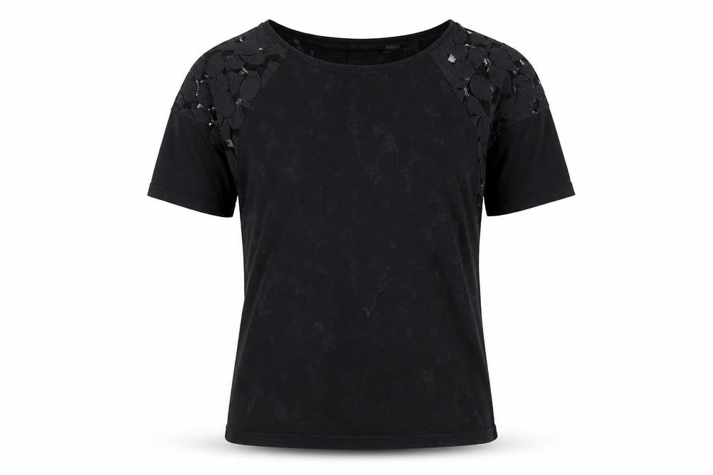 Front view of ICHI women’s black polyester basic t-shirt, size XS, round neck