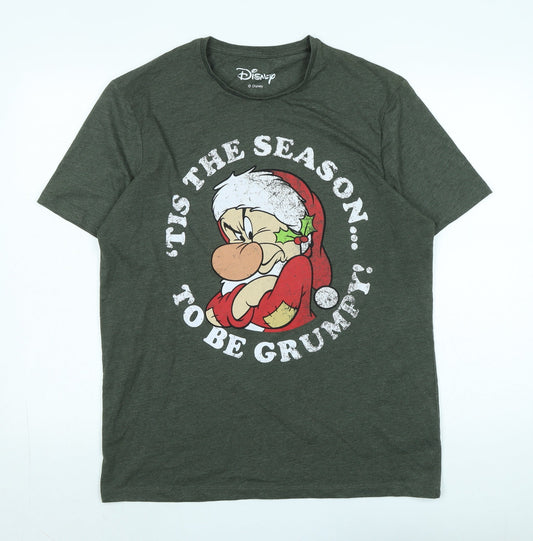 Disney Mens Green Cotton T-Shirt Size L Crew Neck - Logo