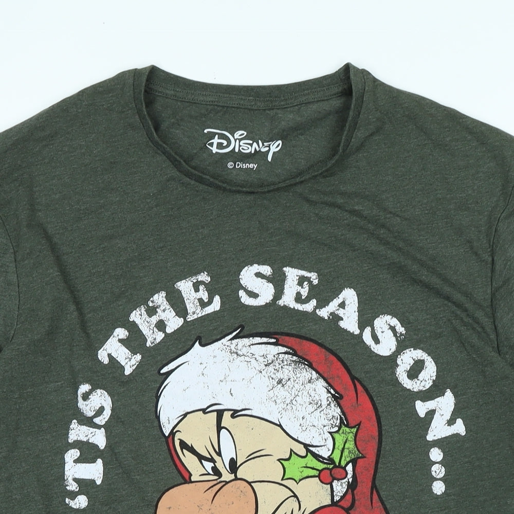 Disney Mens Green Cotton T-Shirt Size L Crew Neck - Logo