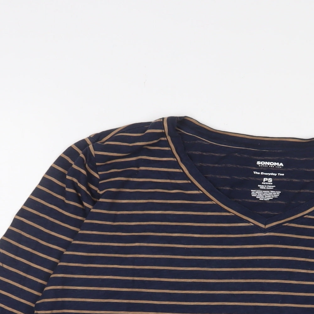Sonoma Womens Blue Striped Cotton Basic T-Shirt Size S V-Neck