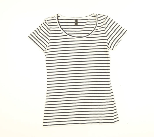 VERO MODA Womens White Striped Cotton Basic T-Shirt Size S Round Neck