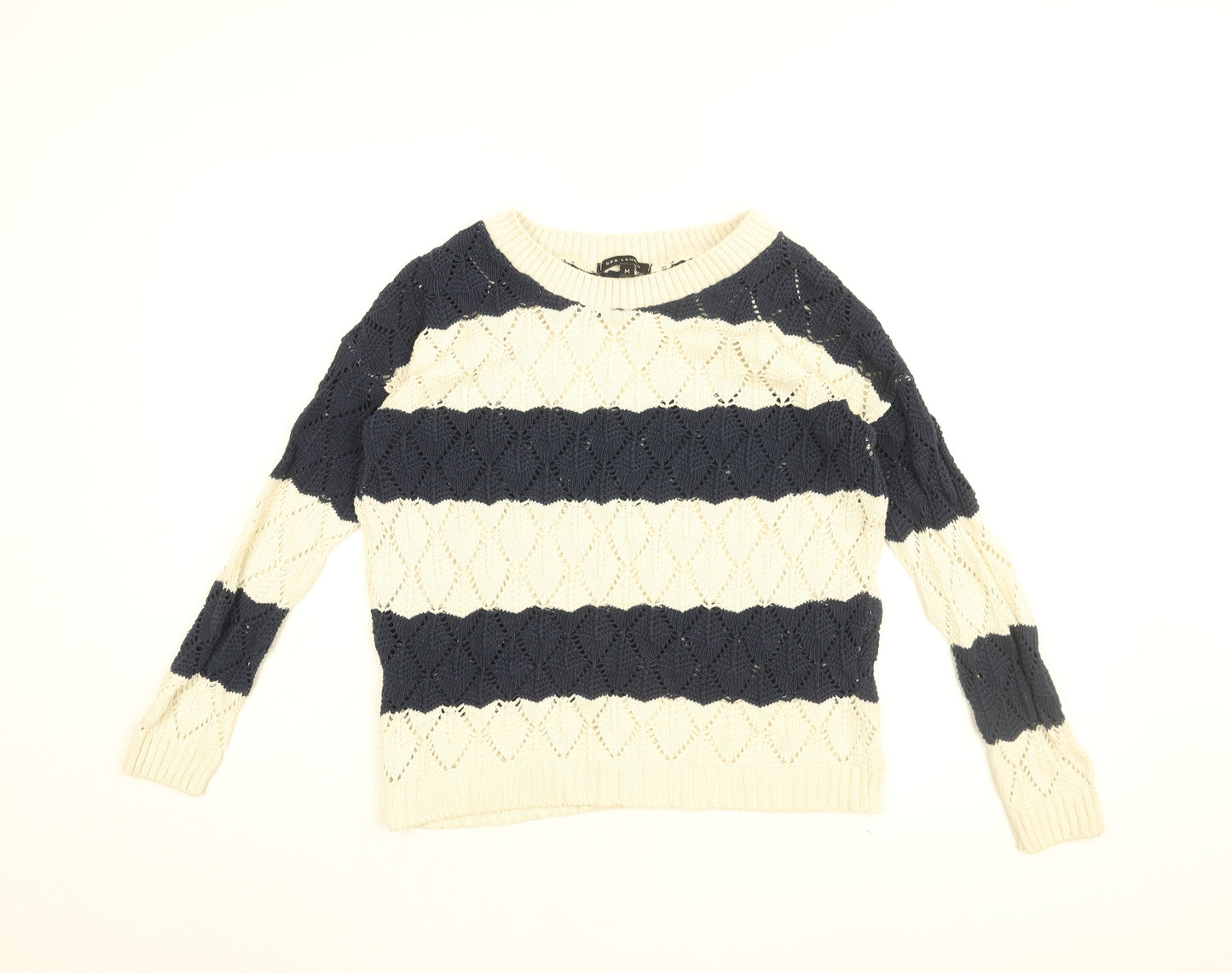 QED London Womens White Round Neck Striped Cotton Pullover Jumper Size M