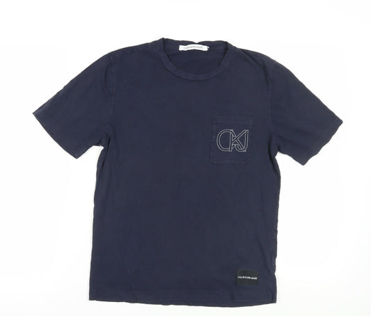 Calvin Klein Blue Crew Neck T-Shirt, Medium, Logo Detail