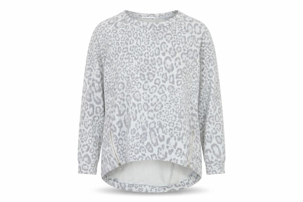 Front view of Deux Two Grey Animal Print Sweatshirt, One Size, Zip Accent