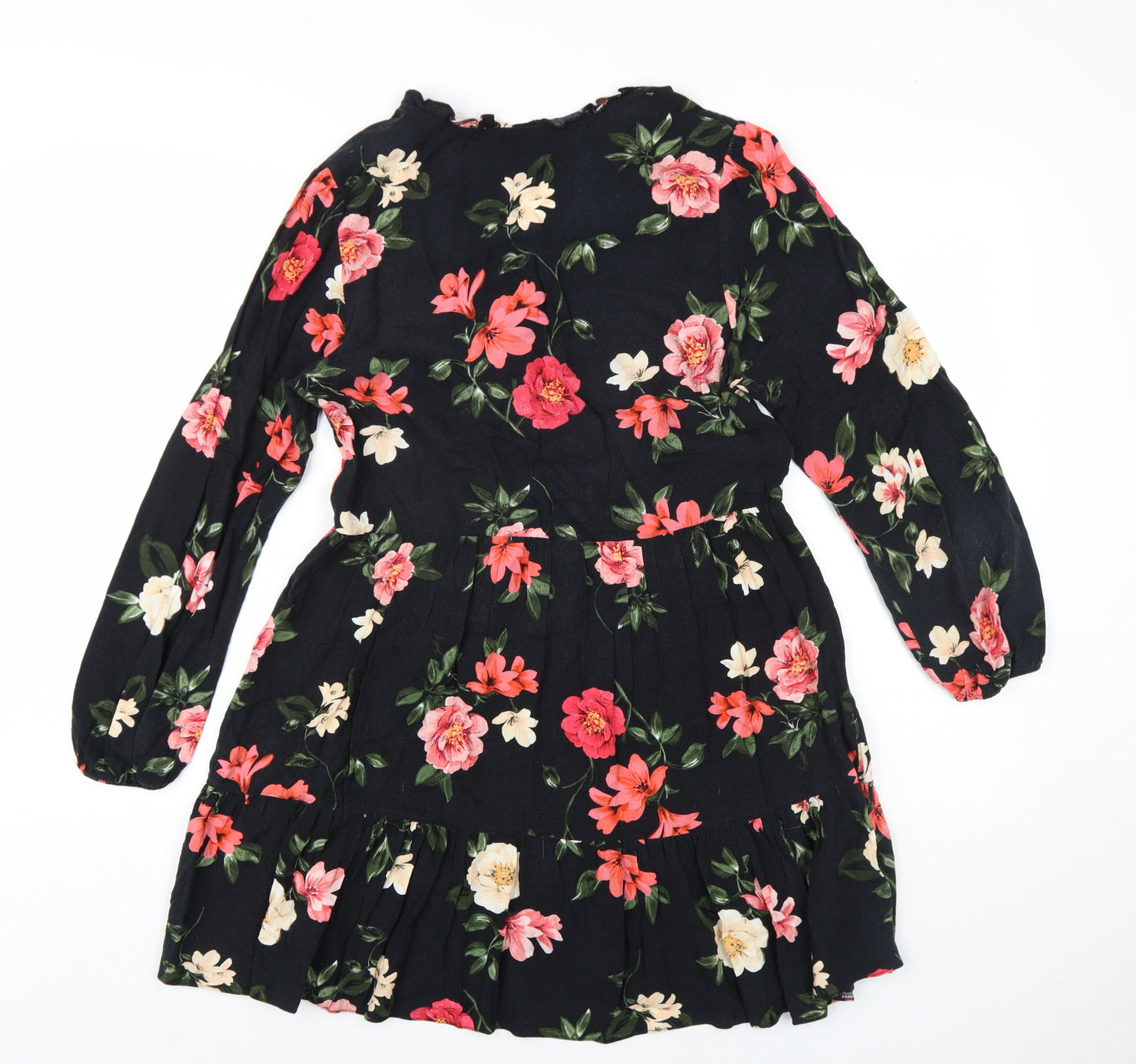 New Look Womens Black Floral Viscose A-Line Size 8 V-Neck Pullover