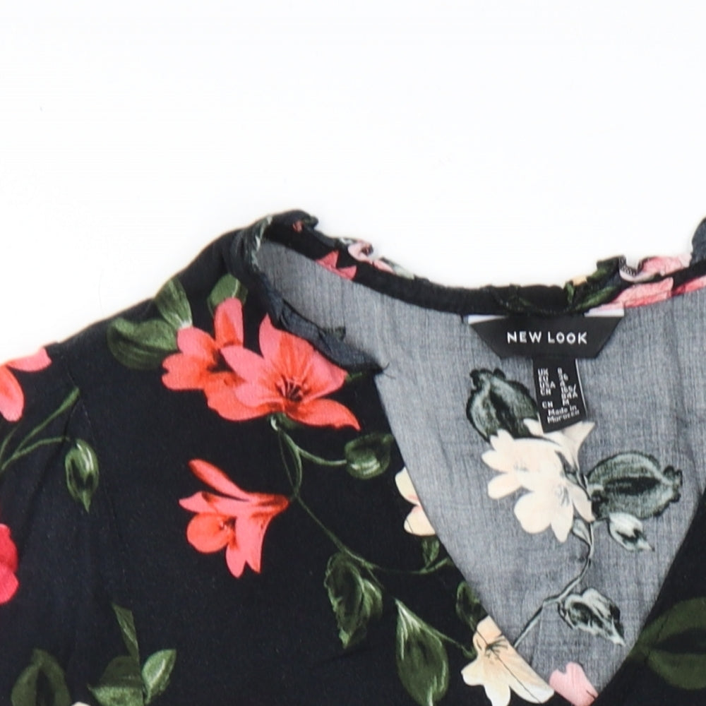 New Look Womens Black Floral Viscose A-Line Size 8 V-Neck Pullover