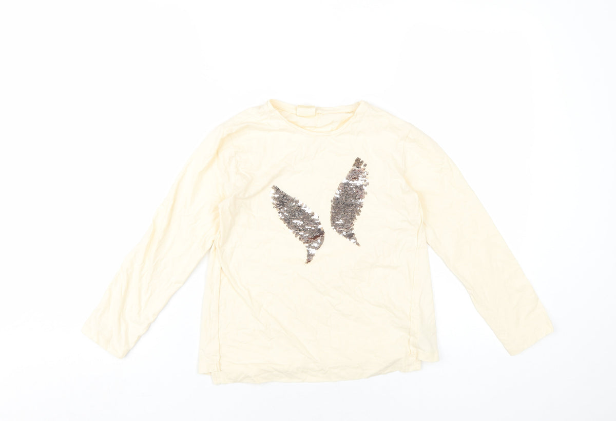 Additional front view of Zara girls’ ivory cotton basic t-shirt, size 9-10, years round neck pullover - reversible sequins