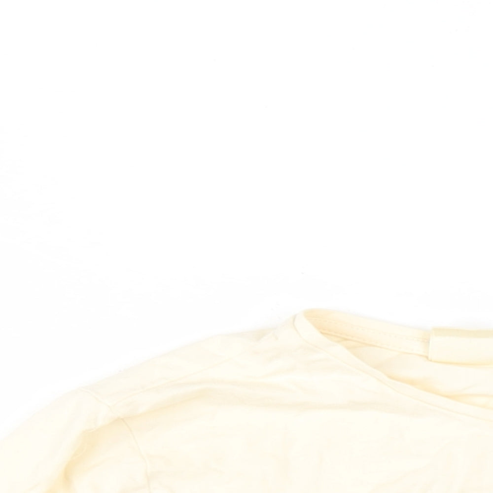 Close-up detail of Zara girls’ ivory cotton basic t-shirt, size 9-10, years round neck pullover - reversible sequins