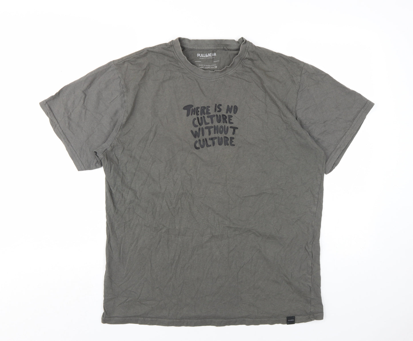 Pull&Bear Mens Grey Cotton T-Shirt Size M Round Neck