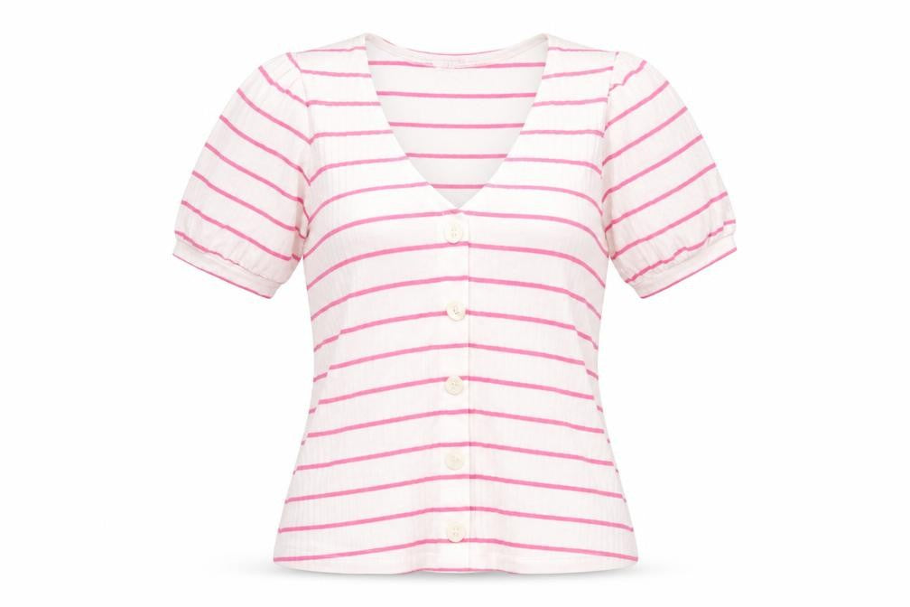 Saviour Womens White Striped Cotton Basic T-Shirt Size L V-Neck