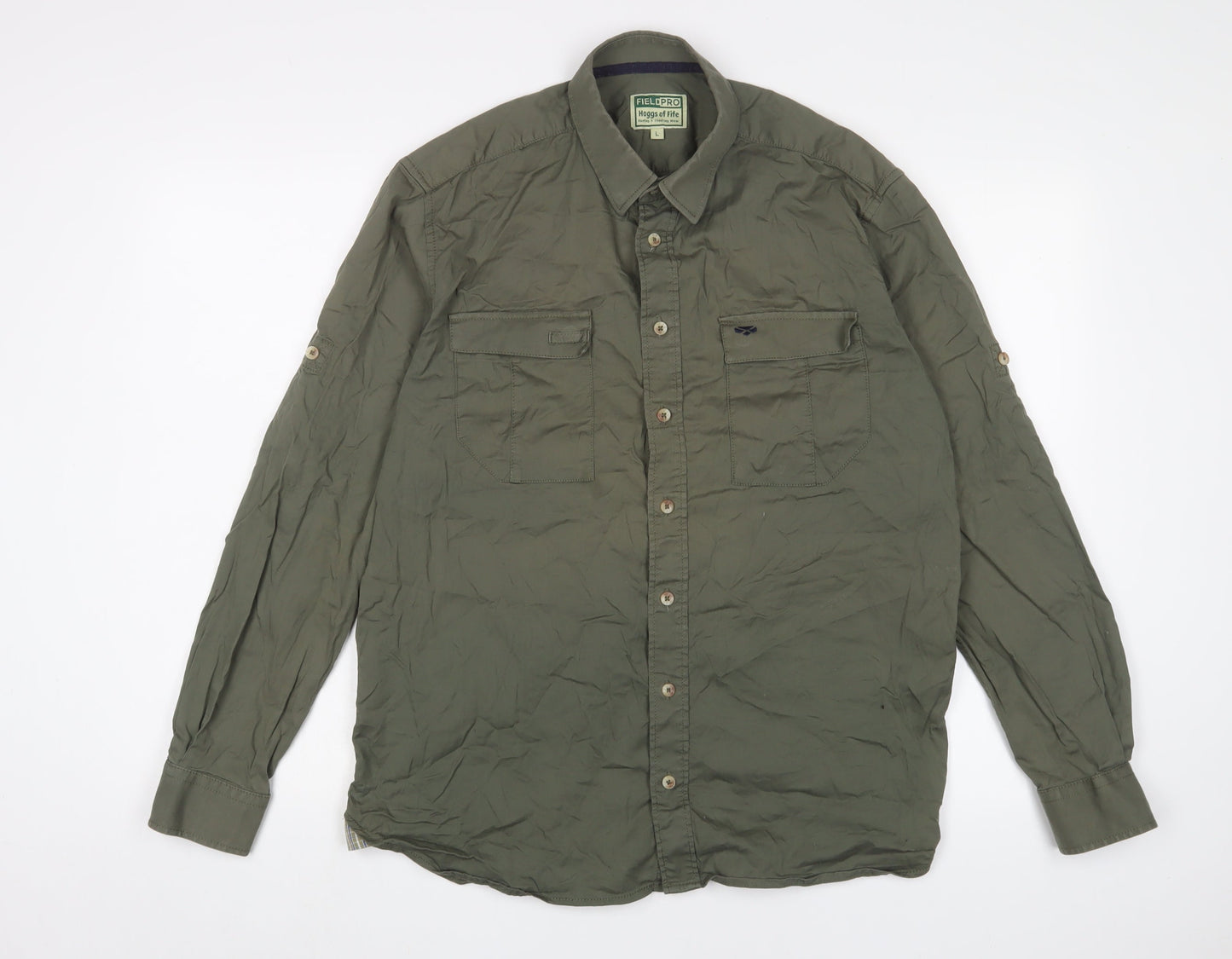 Field Pro Mens Green Cotton Button-Up Size L Collared Buckle