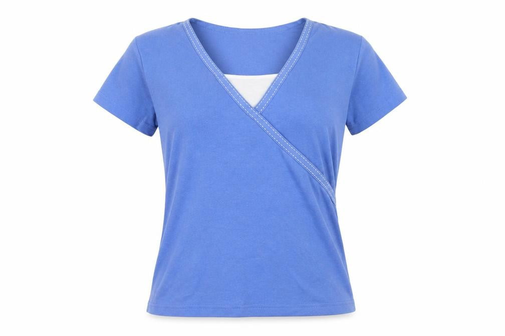 Front view of Fabrizio Blue Wrap V-Neck T-Shirt Large