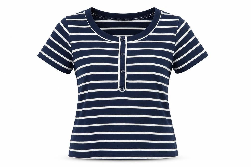 Front view of Alexara Blue Striped T-Shirt, size 16, Casual, Women