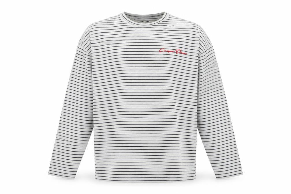 Front view of boohooMAN Grey Striped Long Sleeve T-Shirt XS