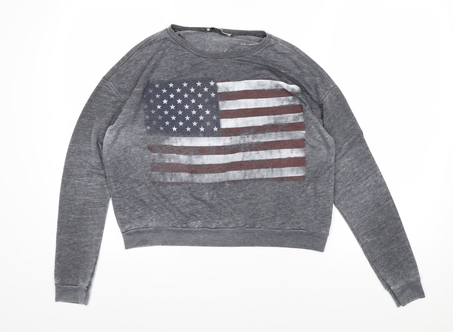 Pull&Bear Womens Grey Cotton Pullover Sweatshirt Size L Pullover - American Flag