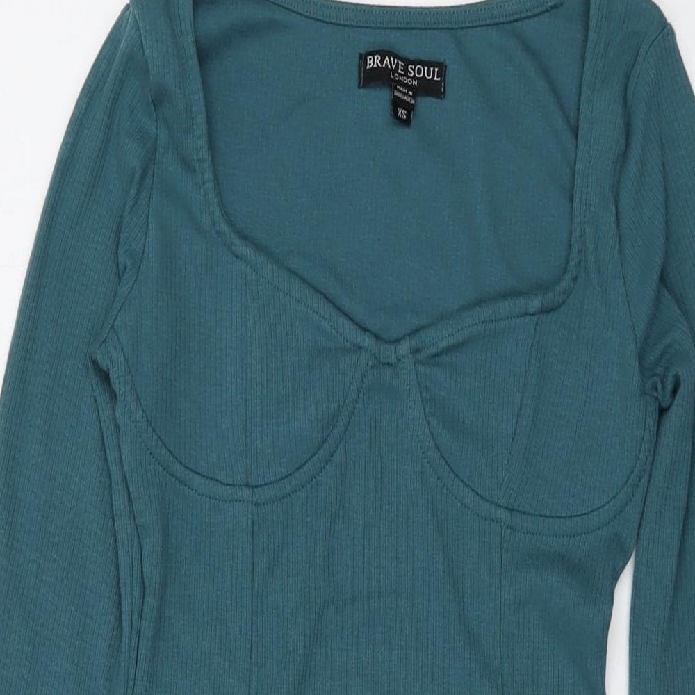 Brave Soul Womens Green Cotton Bodycon Size XS V-Neck Pullover