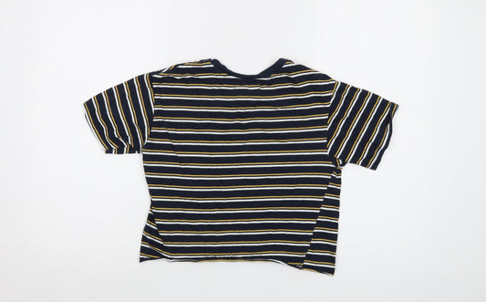 Pull&Bear Womens Blue Striped Cotton Basic T-Shirt Size S Crew Neck